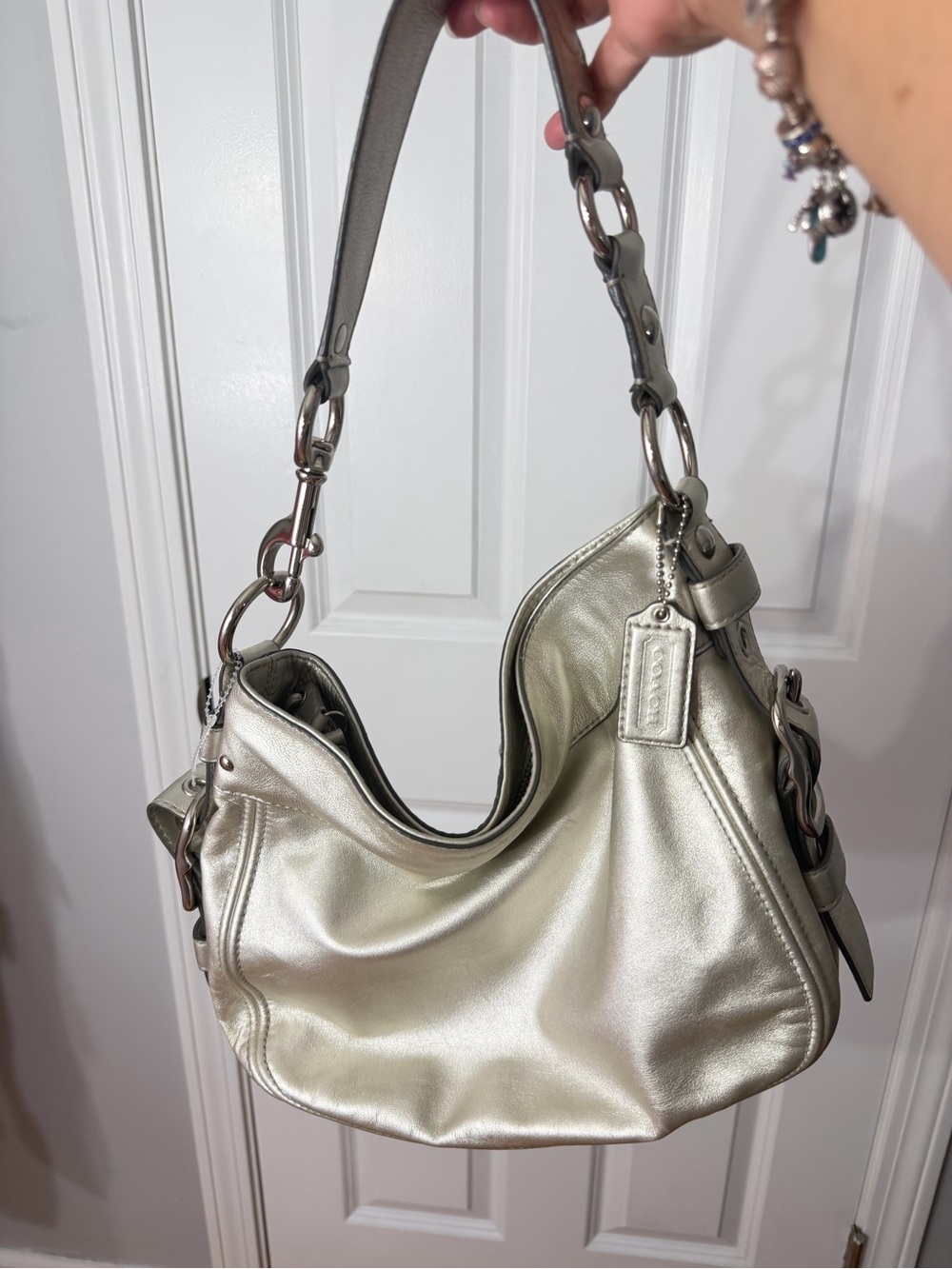 Coach Metallic Silver Leather Shoulder Hobo